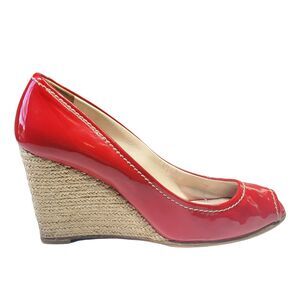 Prada Red Patent Leather Wedge Peep Toe Heels Women Shoe 36.5 US 6.5